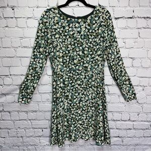 LOFT NEW Long Sleeve Green and Cream Floral Retro A-Line Mini Dress Size 2